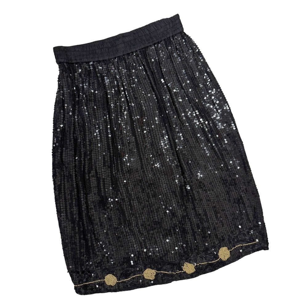 Vintage Midnight Run Black Silk Sequin Beaded Black Gold Floral Midi Skirt 2X
